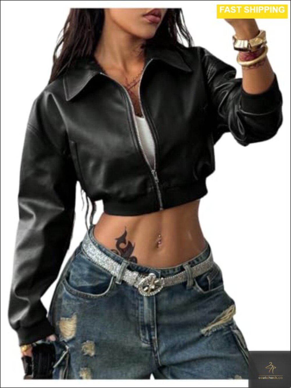 Faux Leather Cropped Bomber Motorcycle Jacket Zip Up Long Sleeve